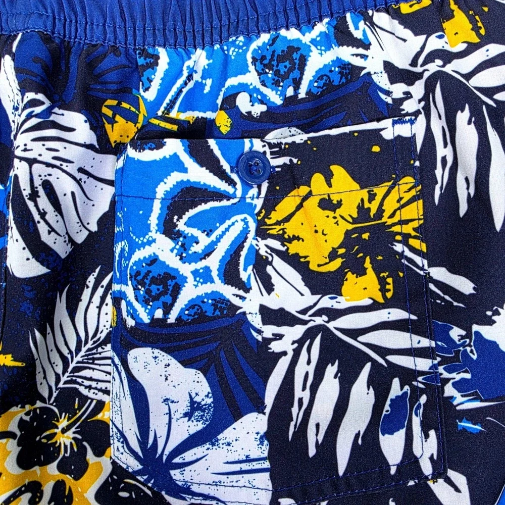 Corona Extra Men's Small‎ Floral Patchwork Swim Trunks Blue Yellow Board Shorts